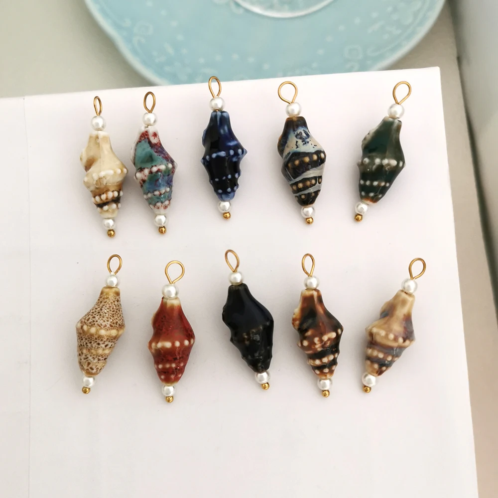 1pc Ceramics Pendant Charm Heart Star Flower Shell Handmade DIY Painting Ethnic Vintage Necklace Stainless Steel Wholesale