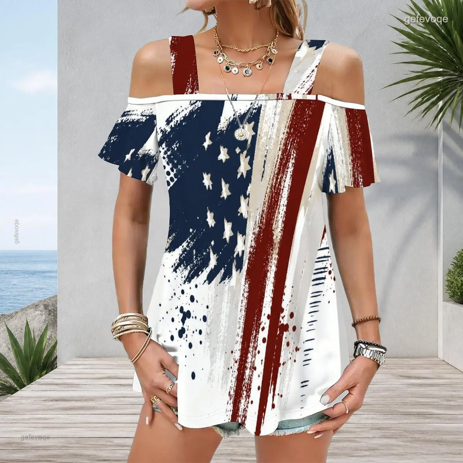 Women Top with Print Wide Straps Cold Shoulder Flutter Sleeve Straight Hem