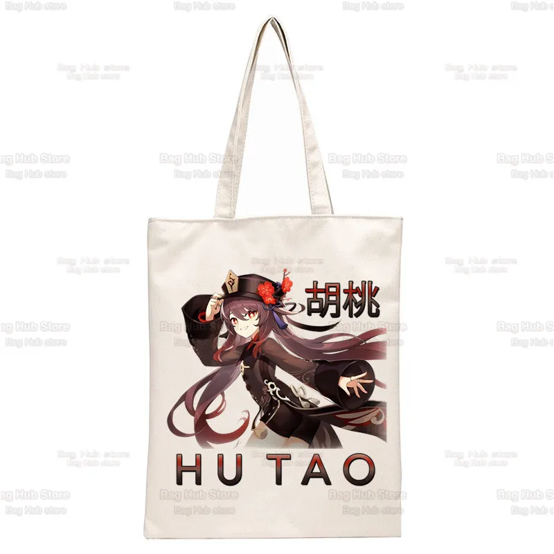 Genshin Impact HuTao Cartoon Kawaii Shopping Bag Print Original Design White Unisex Fashion Travel Canvas Bags