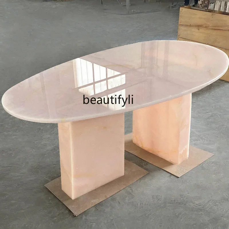 Natural powder jade marble dining table luxury stone desk natural stone large apartment dining table