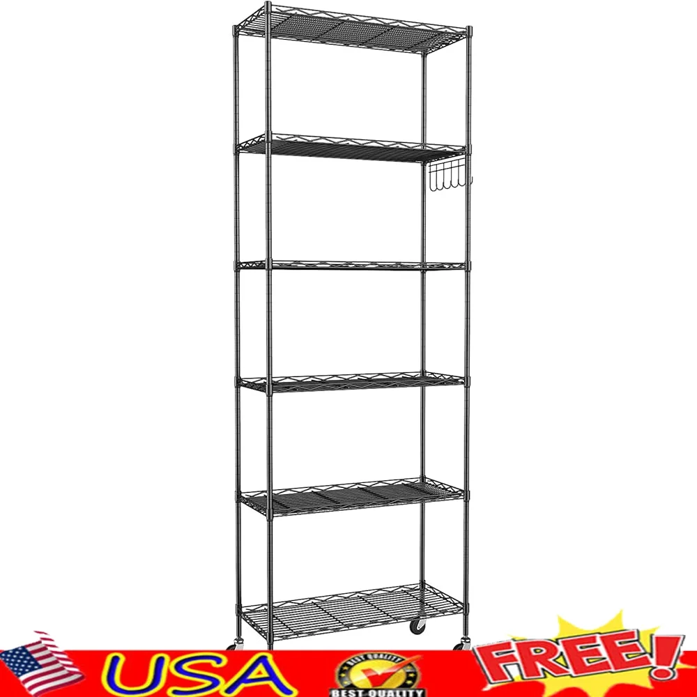 

6-Tier Metal Shelving Unit Rolling Rack Adjustable Storage Solution with Caster Wheels Side Hooks Home Office Kitchen Bathroom