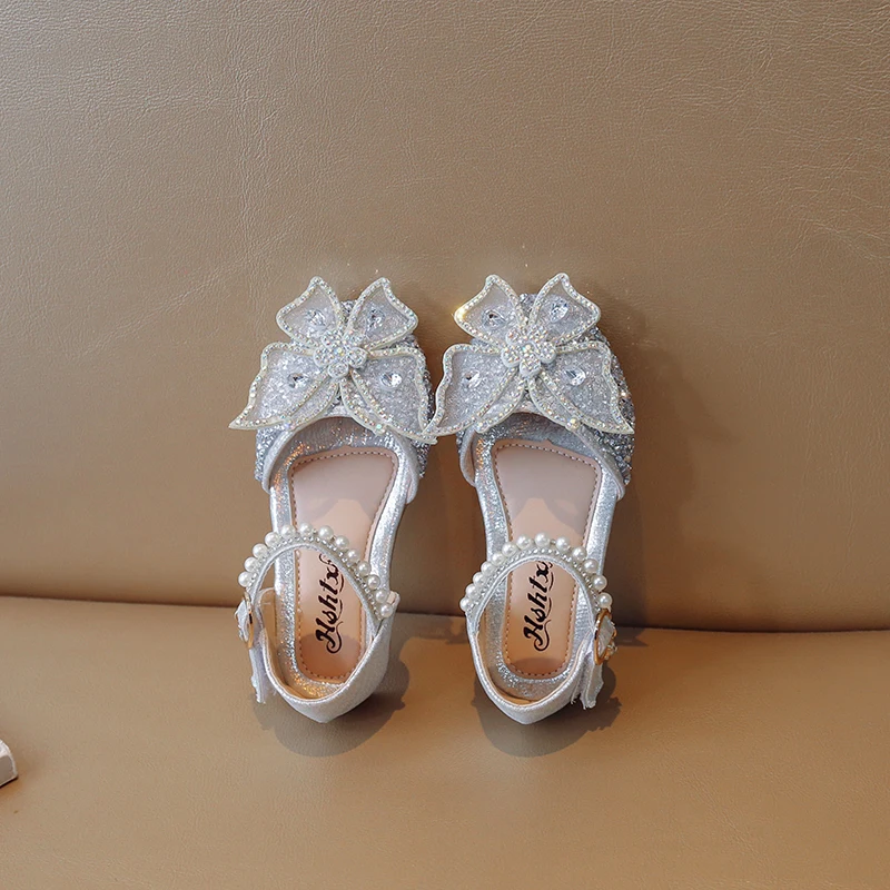 Kids Girls Princess Sandals Rhinestone Butterfly Pearls Summer Dancing Shoes Children Girls Shiny Glitters Flat Soles Shoes
