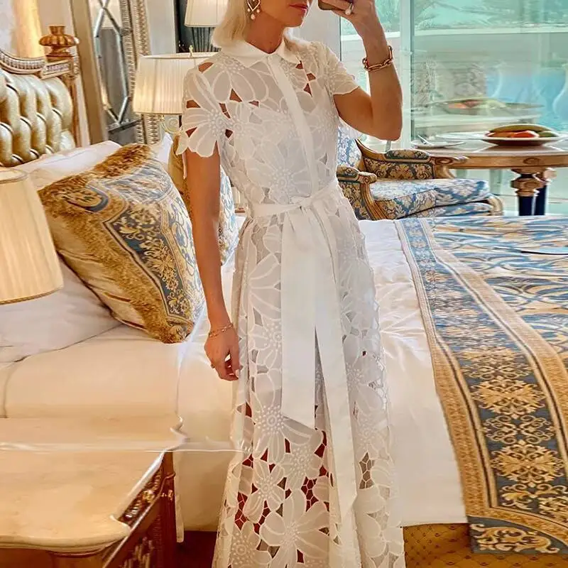 

Casual Solid Color Holiday Dresses Summer Women's Lapel Tie Up Lace Sexy Hollow Short Sleeved Single Breasted Long Dress