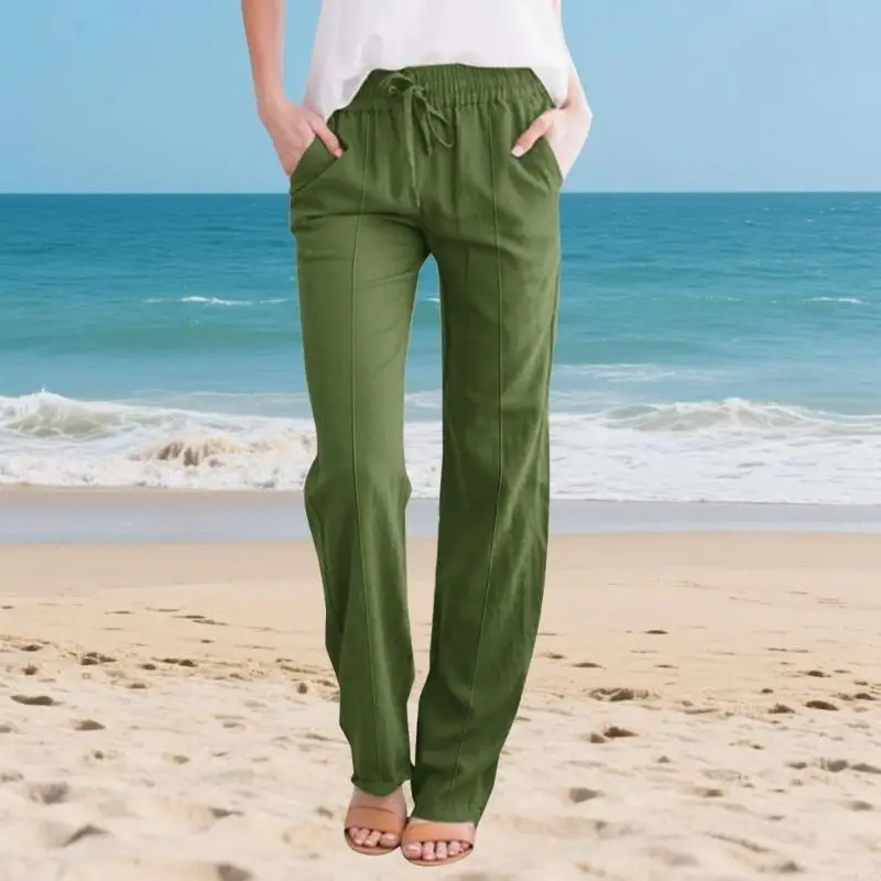Pantalon en lin coton pour femmes, ample, taille élastique, décontracté, avec poche, F3MD