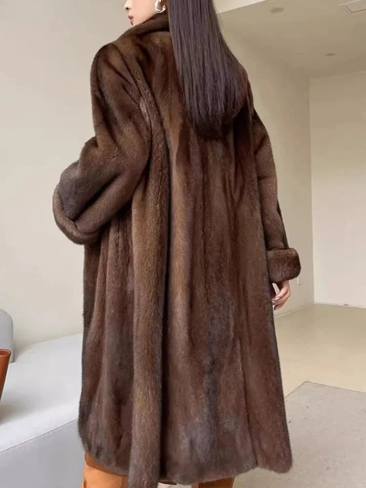 Luxurious Brown Faux Fur Maxi Coat, Women‘s Long Sleeve Plush Jacket Turn Down Collar Warm Outerwear, 2025 Winter Mob-Wife Style