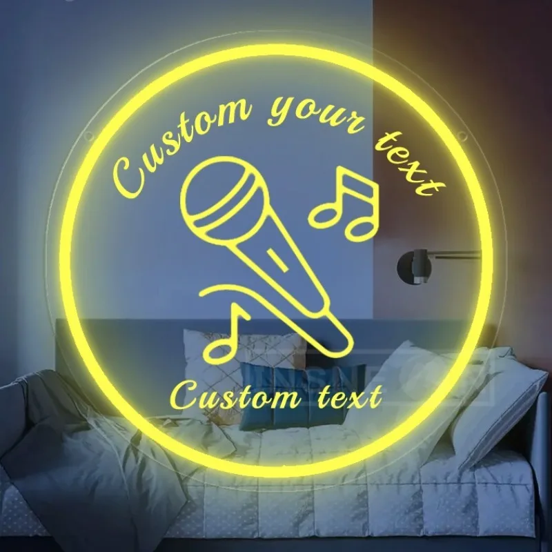 Custom LED Neon Sign Acrylic Wall Hanging with Microphone & Music Notes USB-Powered Switch Control Ideal Decor for Bars KTV