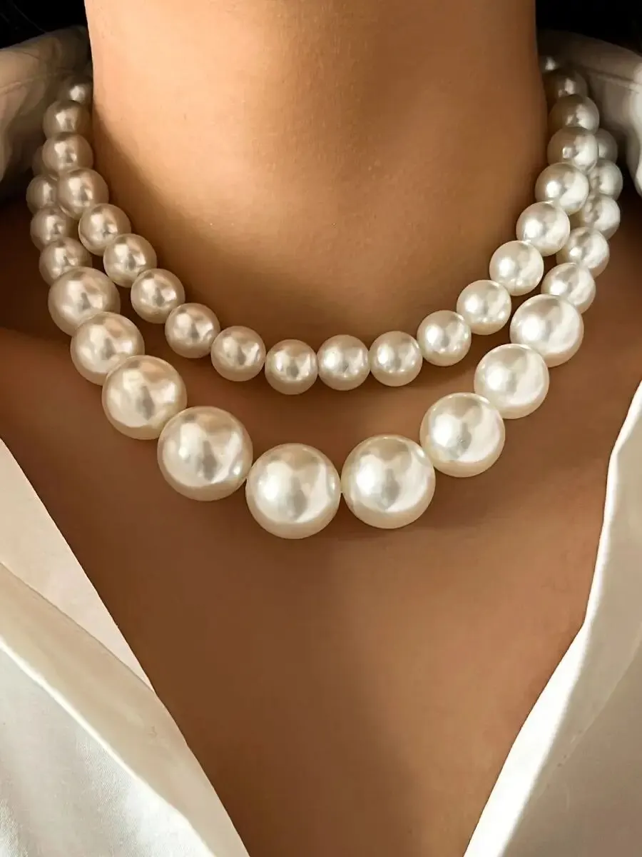 2 sztuk/zestaw przesadzone duże sztuczna perła łańcuszek do obojczyka naszyjnik dla kobiet Wed Bridal Goth koraliki Choker Grunge biżuteria Steampunk — zdjęcie 2