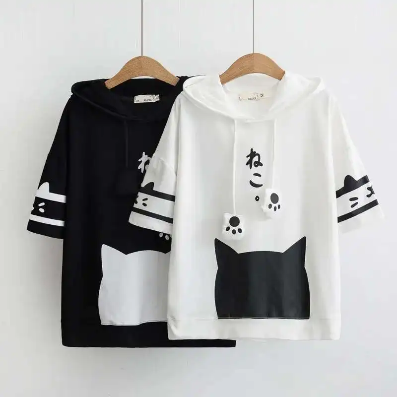 Mori Women Harajuku Kawaii Graphic T Shirt 2025 Summer Teen Girl Cat Ears Hooded T-shirt Short Sleeve Japanese Letter Print Top