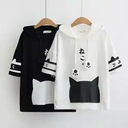 Mori Women Harajuku Kawaii Graphic T Shirt 2025 Summer Teen Girl Cat Ears Hooded T-shirt Short Sleeve Japanese Letter Print Top