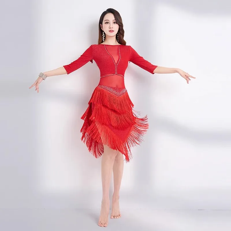 맞춤형 밸리 댄스 의상 연습복 세트(태슬 메쉬 포함) 동부 댄스 팀 공연 의상 탑 및 스커트