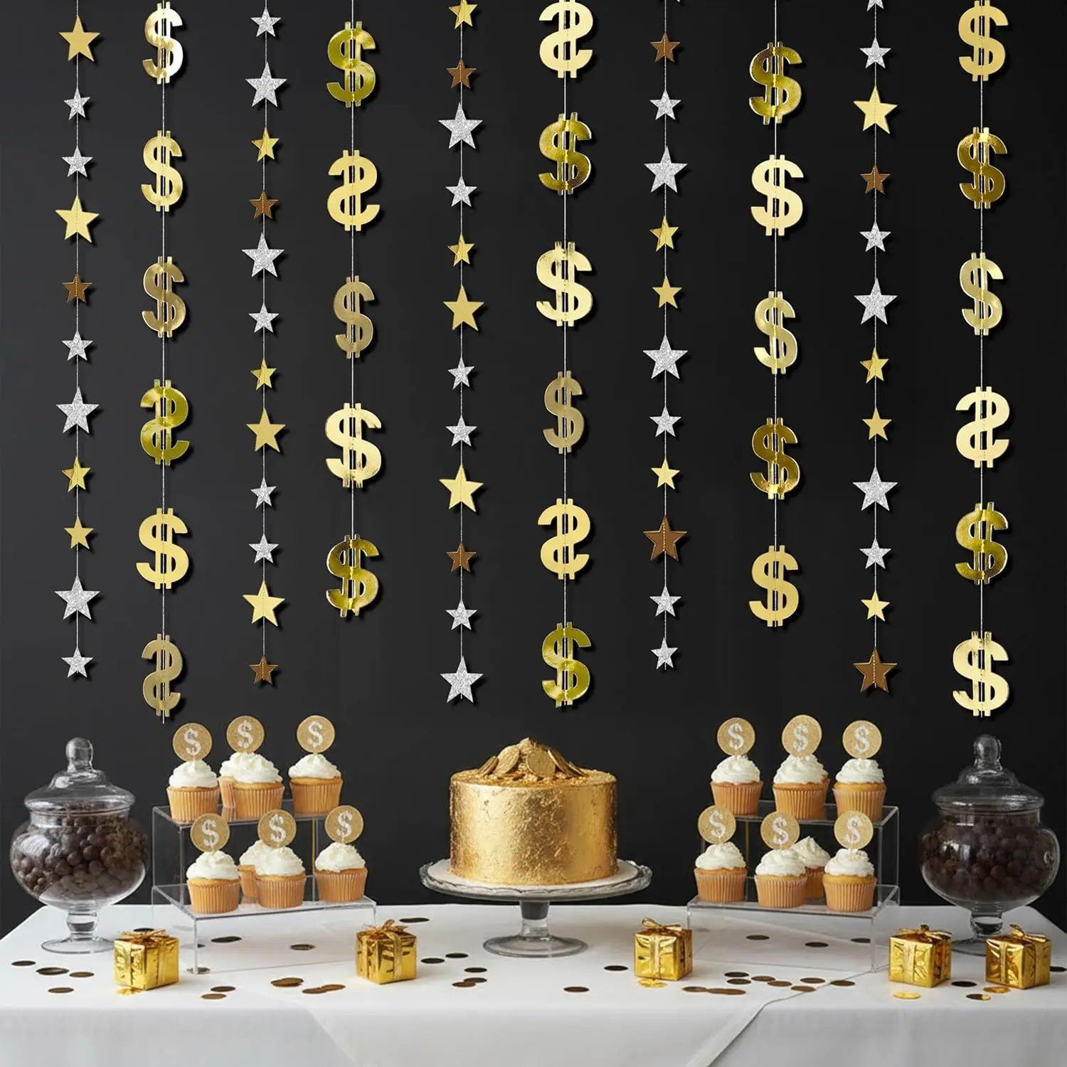 Gold Dollar Sign Hanging Garland, Metallic Money Symbol Streamer Curtain for Birthday Party Wall Decor view 3