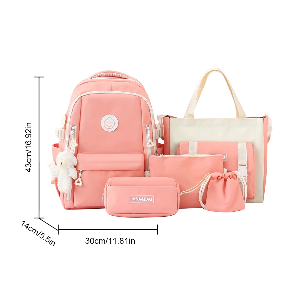 5pcs School Bags Set Large Capacity Simple Rucksack Canvas with Pendant Soft for Primary Middle School Students