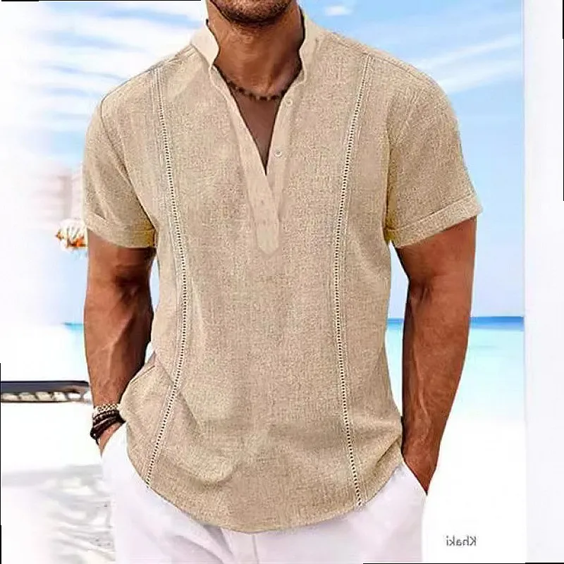Men's Short Sleeve Henley Shirt Solid Cuban Guayabera Cotton Linen Blouse Top Spring Summer