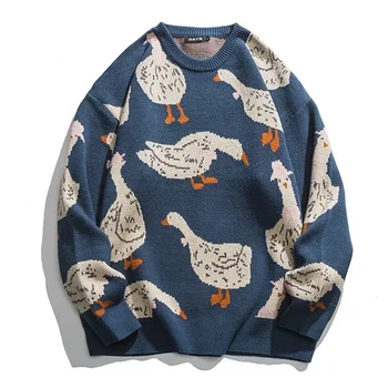 Japoński sweter z dzianiny mężczyźni Cartoon zwierząt kaczka nadruk z gęsią sweter Harajuku Casual O-neck top oversize Streetwear unisex jesień