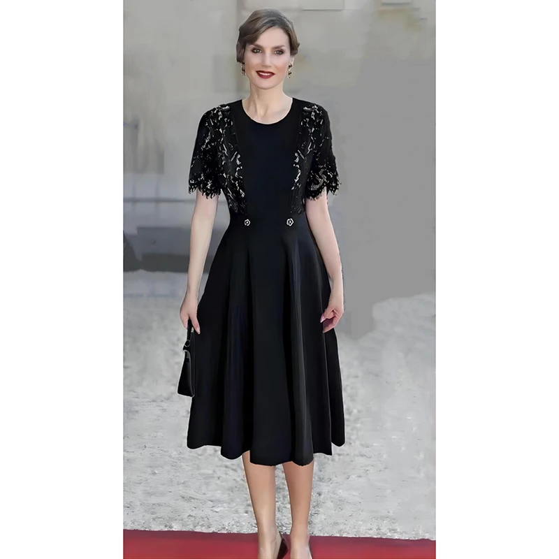 

Women Princess Dress 2023 High Quality O-Neck Short Sleeves Patchwork Lace Dresses Ladies Casual Dress Holiday NP1986C
