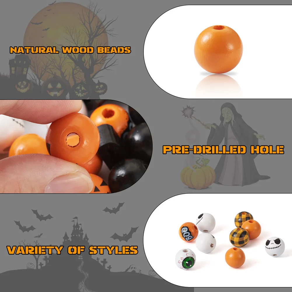 116pcs Round Large Hole Beads Natural Wooden Beads Halloween Pumpkin Word BOO Beads For DIY Jewelry Making Crafts Decorations