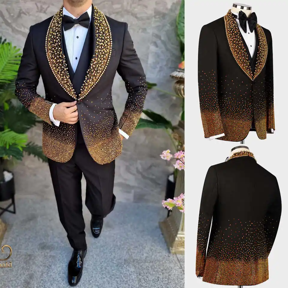 Unique Designer Mens Wedding Tuxedos Ceremony Slim Fit Gold Crystal Beads Groom Wear Party Birthday Pants Suits 2 Pieces