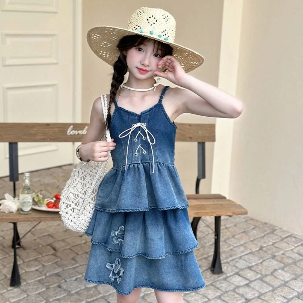 

Sleeveless Children Denim Strap Skirt Princess Holiday Girls Cowboy Dress Gradient Loose Ruffled Gradient Puff Dress Kids Girls