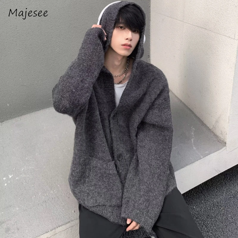 Winter Hooded Cardigans Men Cozy Vintage Baggy Knitted Outwear American Style Soft Commuter Slouchy Literary Кардиган Мужской