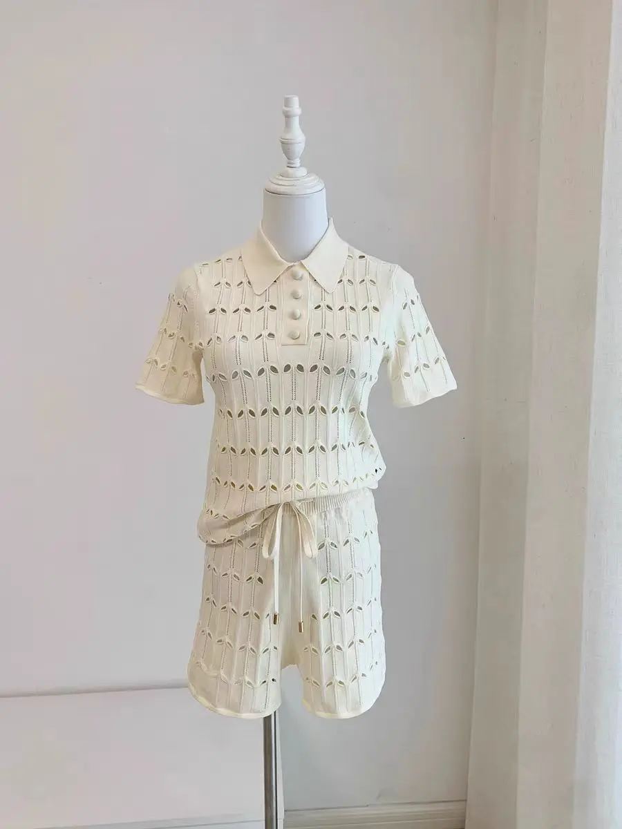 

High Quality Beige Short Sleeve Blouse Tops and Shorts Set 2025 Knit