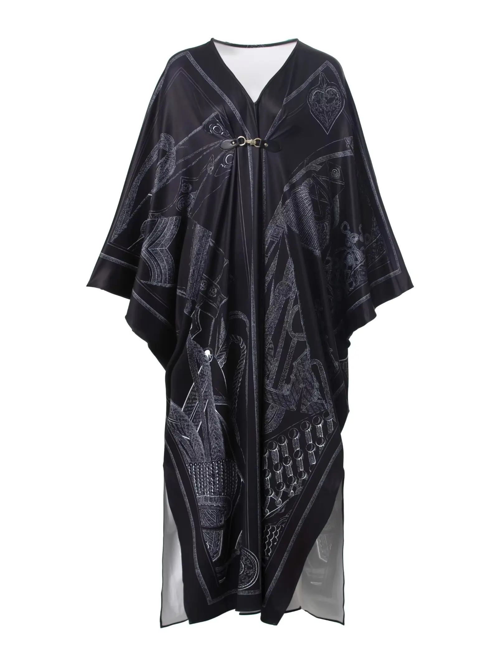 AELESEEN Loose Long Beach Cover Up Dress Women Batwing V-Neck Horn Button Geometric Print Blue Gray Black Casual Leisure