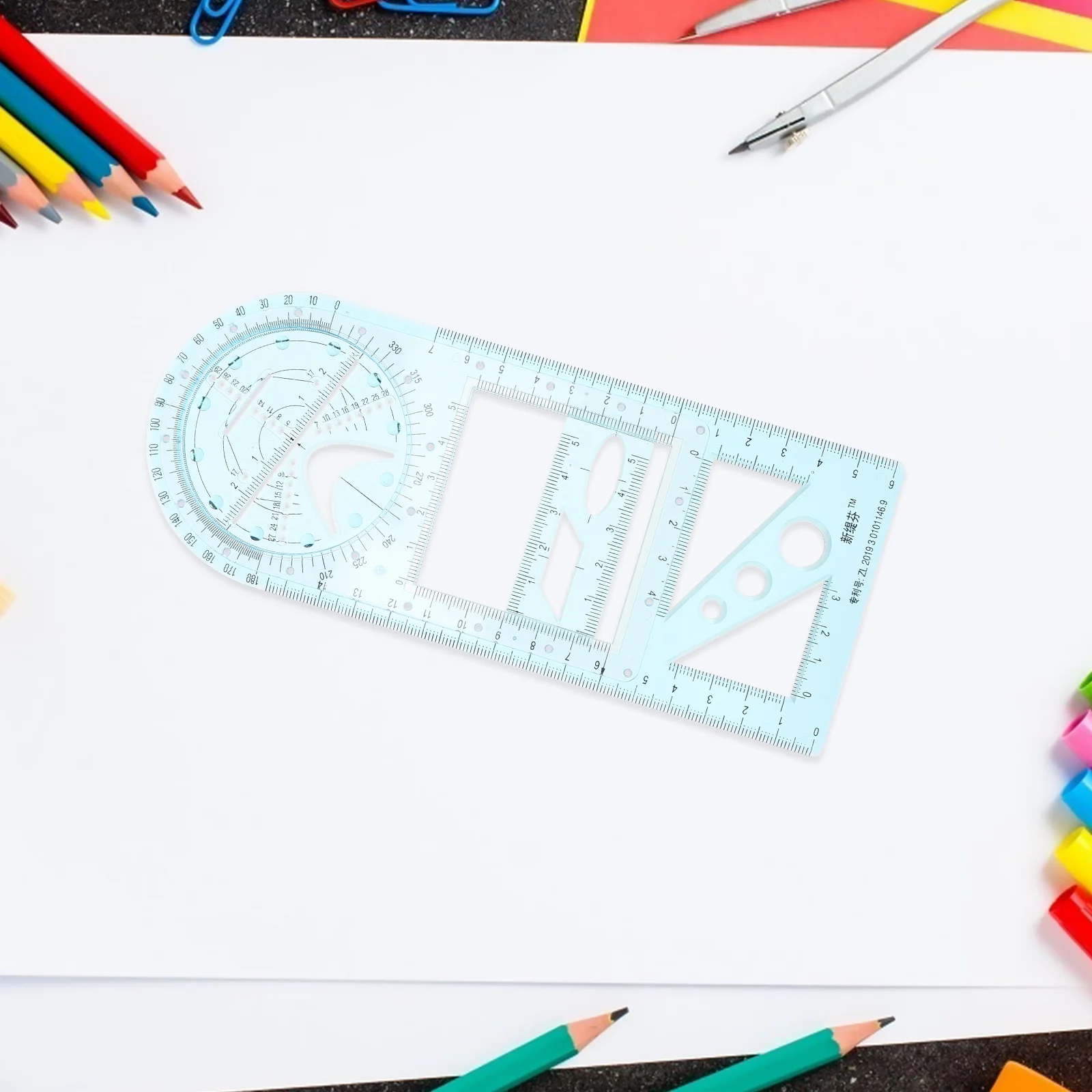 Ferramenta de desenho de régua, modelos geométricos multifuncionais, plástico, estudante, aprendizagem de matemática