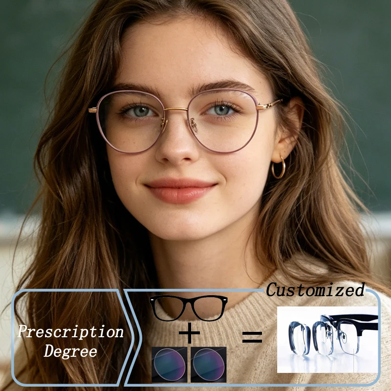 

Fashion Women Pink Polygon Titanium Frame Photochromic Prescription Glasses Anti Blue Ray Hyperopia Myopia Astigmatism Eyewear