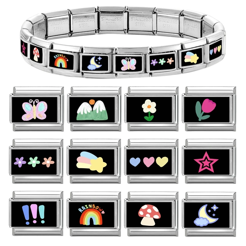 النساء الملونة الزهور القلب ستار مطاطا الإيطالية سحر الروابط صالح 9 مللي متر الفولاذ المقاوم للصدأ وحدات سوار DIY صنع المجوهرات