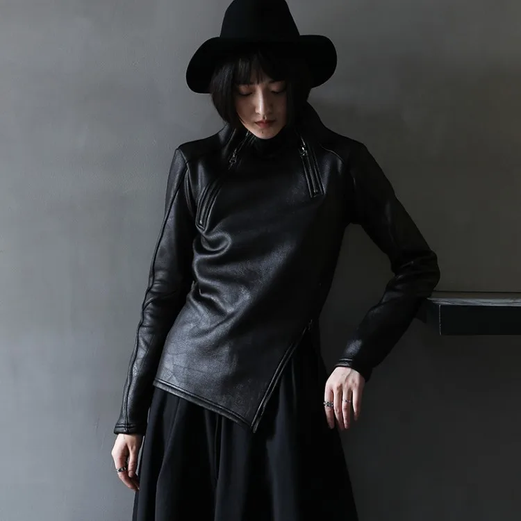 Dark Style Irregular Stand Collar Diagonal Zipper Faux Leather Sweatshirt Female Cool Black Gothic Jacket Fleece Lining Pullover