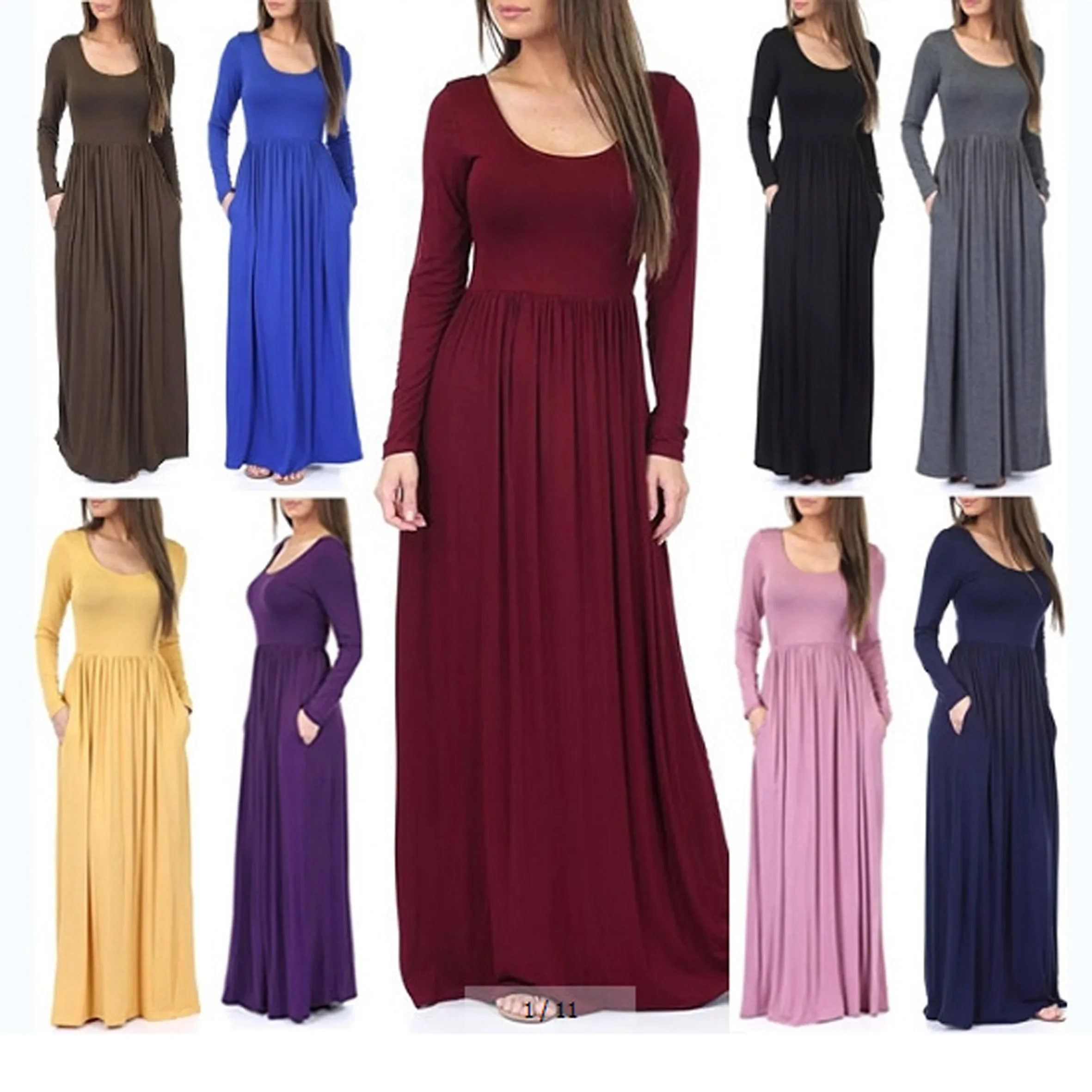 Donsignet Woman Dress Spring Autumn Casual Elegant Long-sleeved Round Neck Floor-Length Dresses for Women