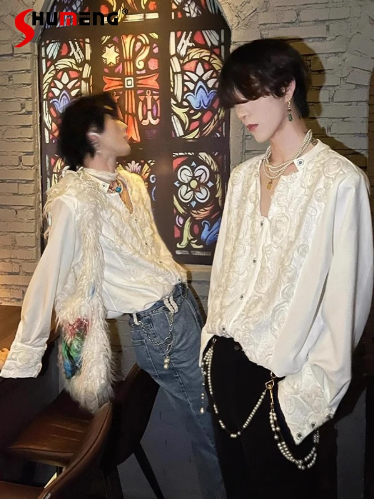 

Lace Three-dimensional Rose Shirts Men's 2025 Summer New Embroidery Design High-end Shirt Male Graceful Stylish Long Sleeve Tops
