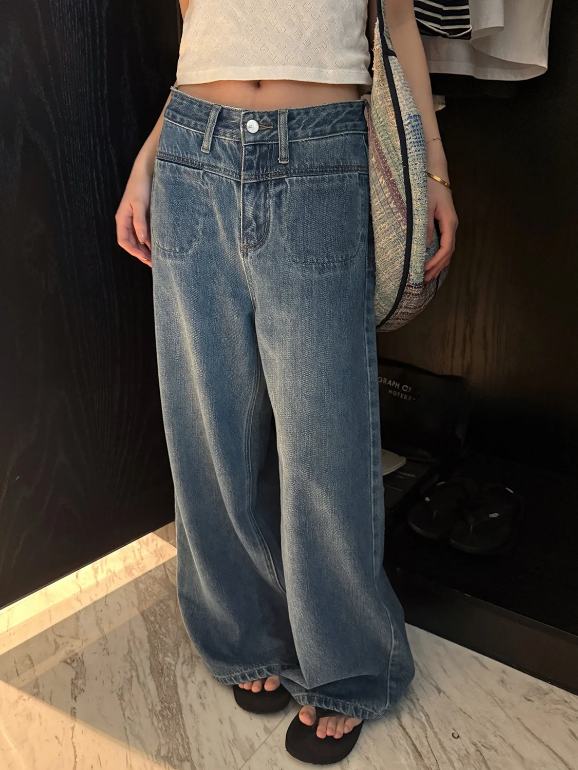 

Джинсы женские с низкой посадкой, синие, широкие, прямого кроя, с двойной застежкой, на весну, лето, осень, зиму