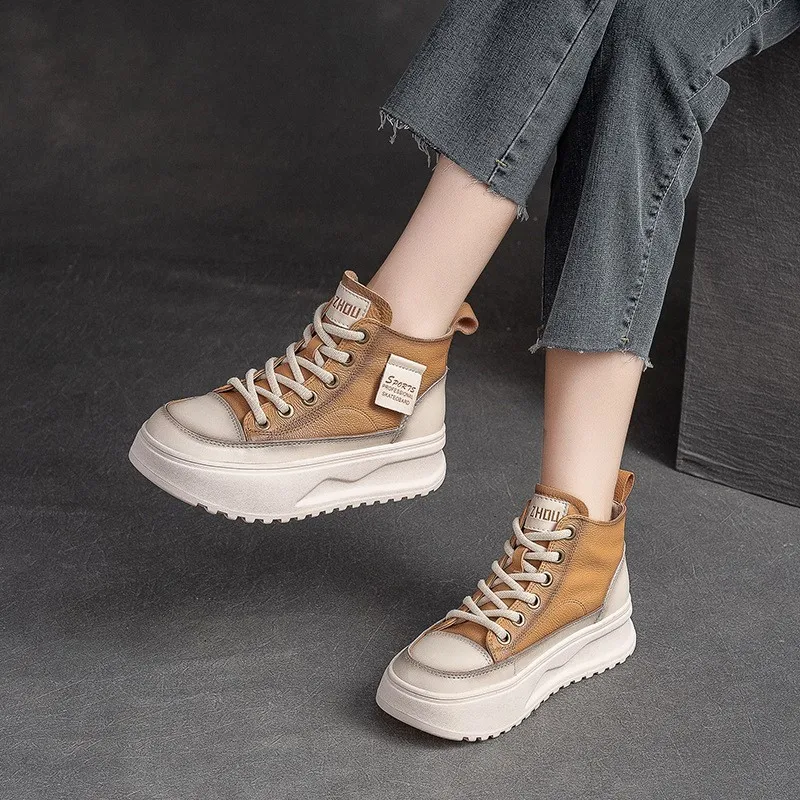 GKTINOO 4cm Genuine Leather Platform Wedge Fashion Women Spring Well-fitting Autumn Chunky Sneakers Shoes Breathable Comfortable