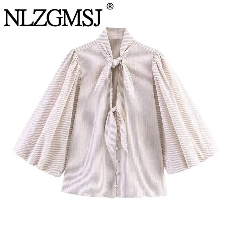 NLZGMSJ 2026 Frühling Damen Casual Gestreifte Bluse mit Schleife und Puffärmeln, Lockeres Hemd, Damen Crop Top Y2K