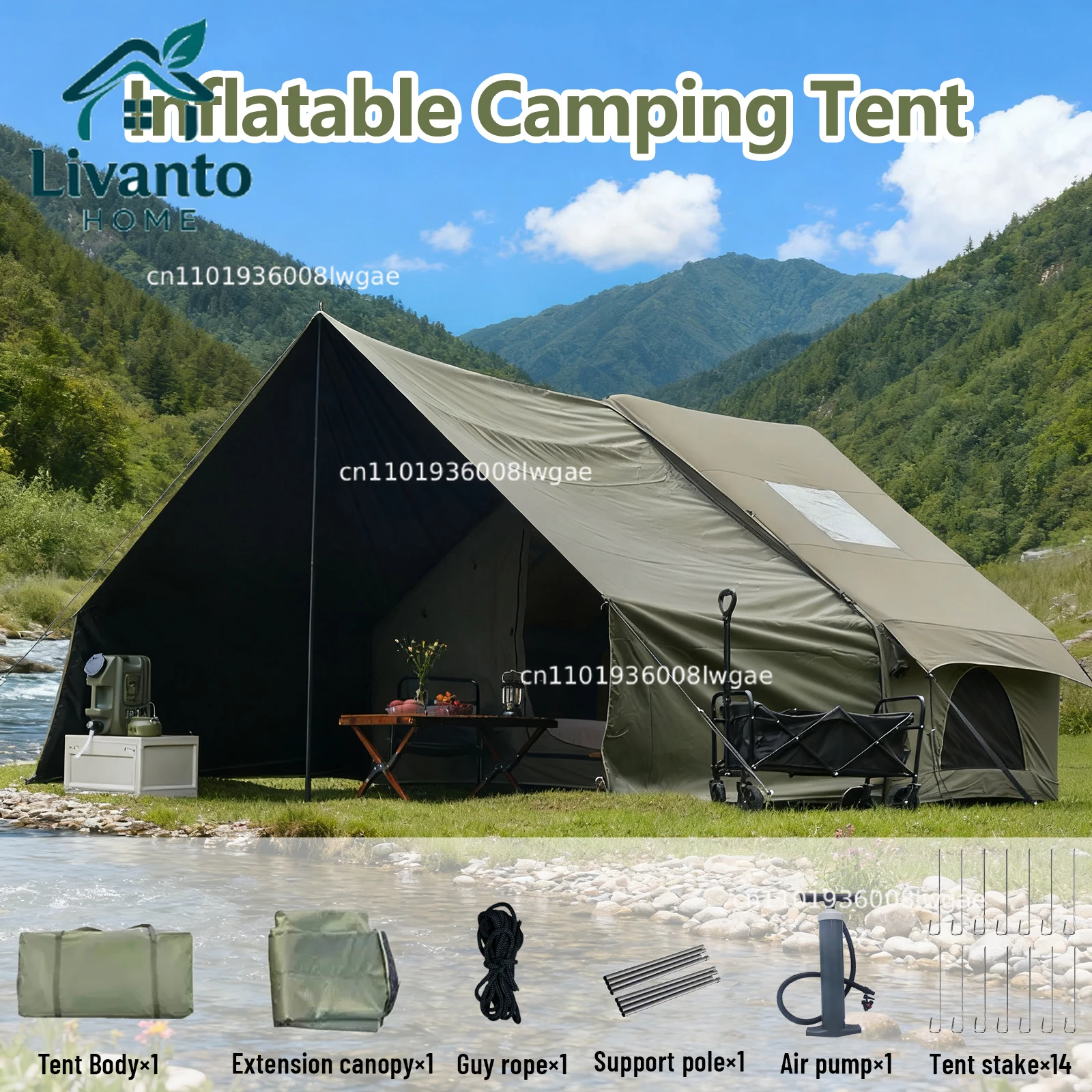 

PAKICETUS 8-Person Inflatable Glamping Tent, Green Tent with Mesh Windows & Hand Pump with Extra-Large Canopy Living Room