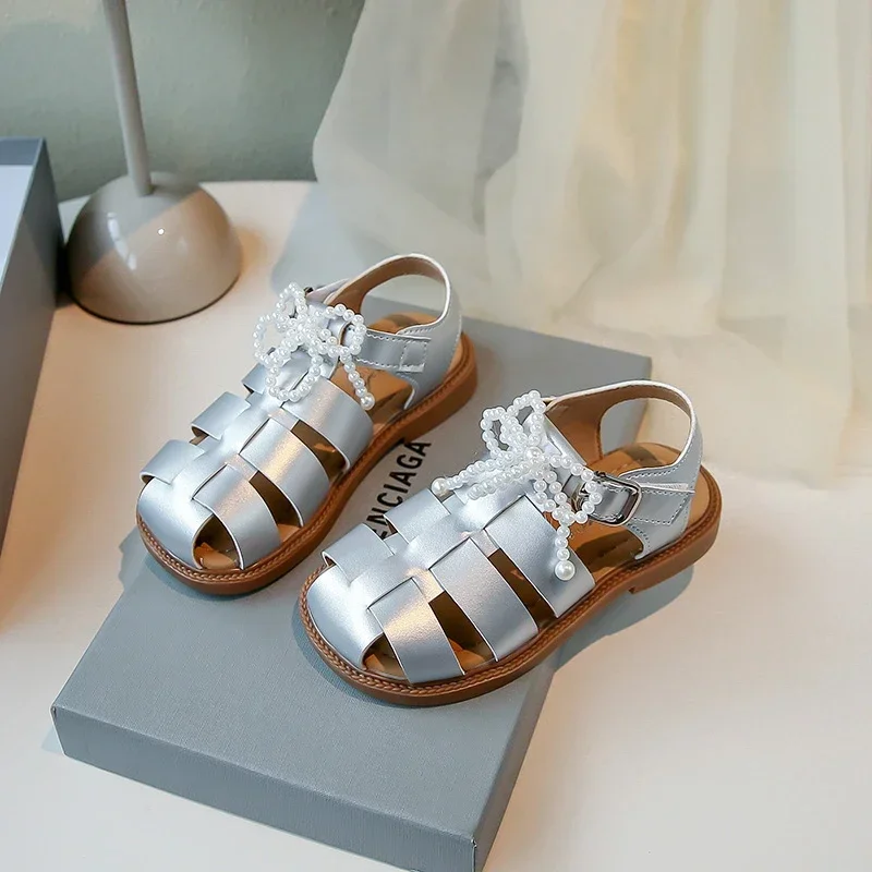 Girls Princess Shoes Soild Color Versatile 2025 Summer New Kids Sandals Beading Bows Children Beach Shoes Hook&loop Soft Sole