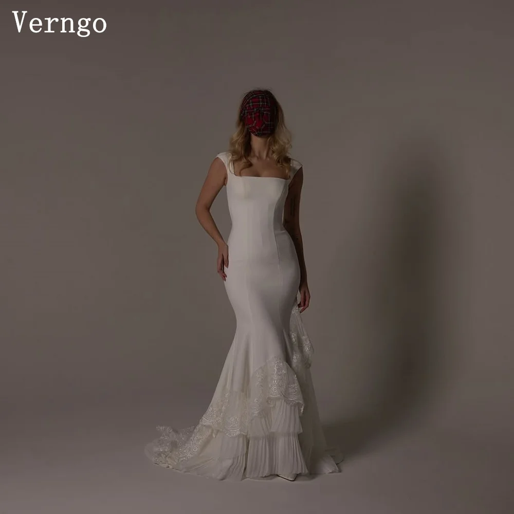 

Verngo lvory Crepe Wedding Dress Spaghetti Straps Mermaid Lace Bridal Dresses Slim Sweap Train Bride Gowns Customized