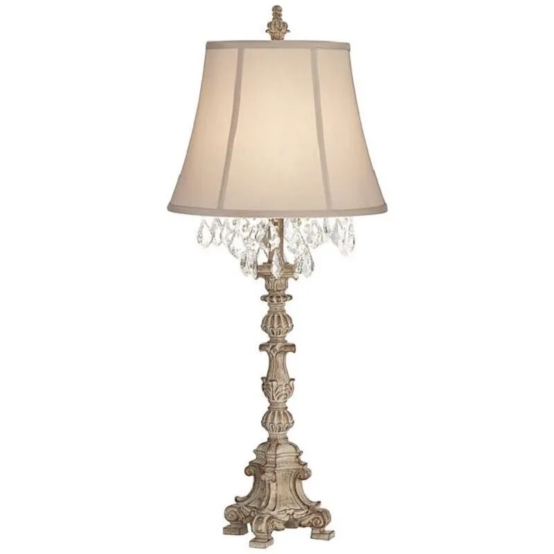 

French Country Crystal Candlestick Floor Lamp Fabric Lampshade Bedroom Bedside Living Room Study Retro Solid Wood Standing Light