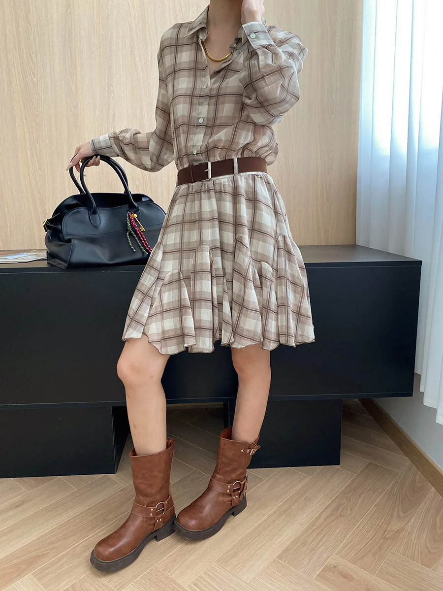 2025 Spring And Autumn Khaki Plaid Shirt Dress Lapel Long Sleeve Ruffle Mini Dress With Belt