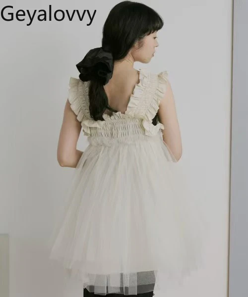 Estilo japonês nicho design senhora vestido elegante com bordas babados casual em camadas plissados pesados vestidos sem mangas femininos