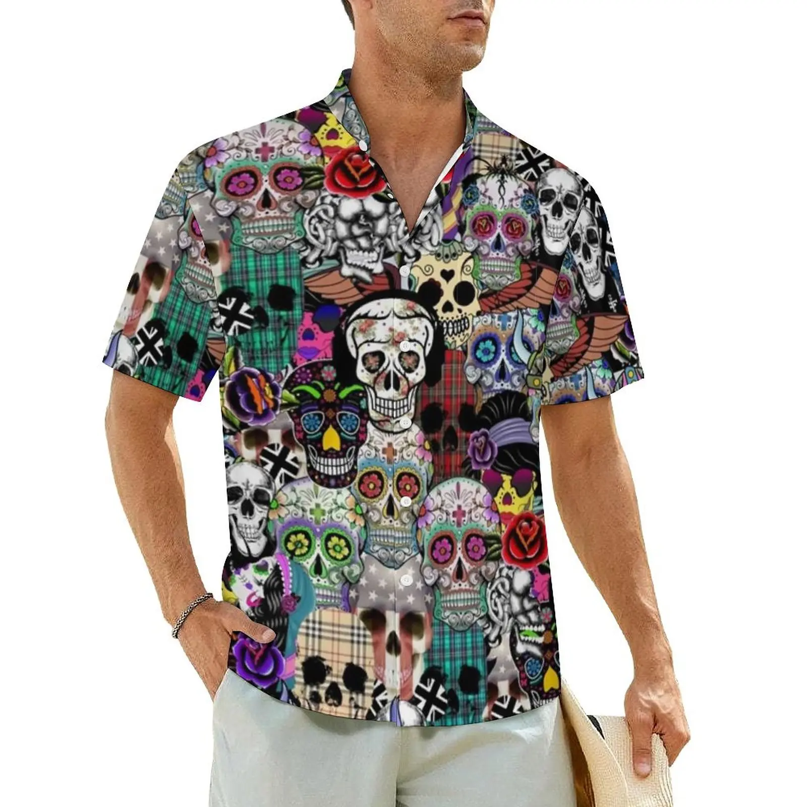 

Colorful Sugar Skull Hawaii Shirt For Men Beach Abstract Plaid Skulls Design Casual Shirts Short-Sleeve Trendy Oversized Blouses