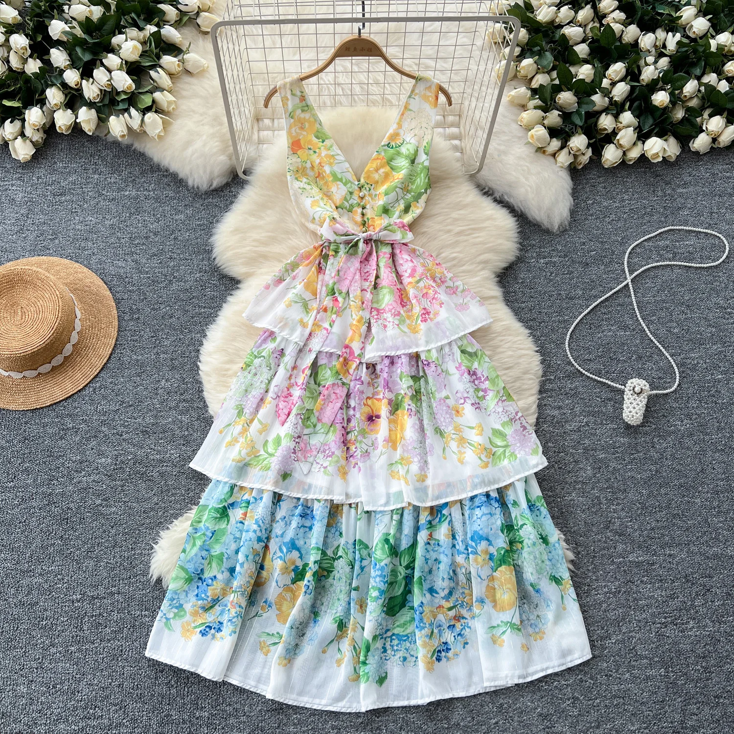 Vintage Print Elegant Sleeveless A-line Vneck Ruffle Bandage Dress Casual Women  Fashion Autumn Spring Dress