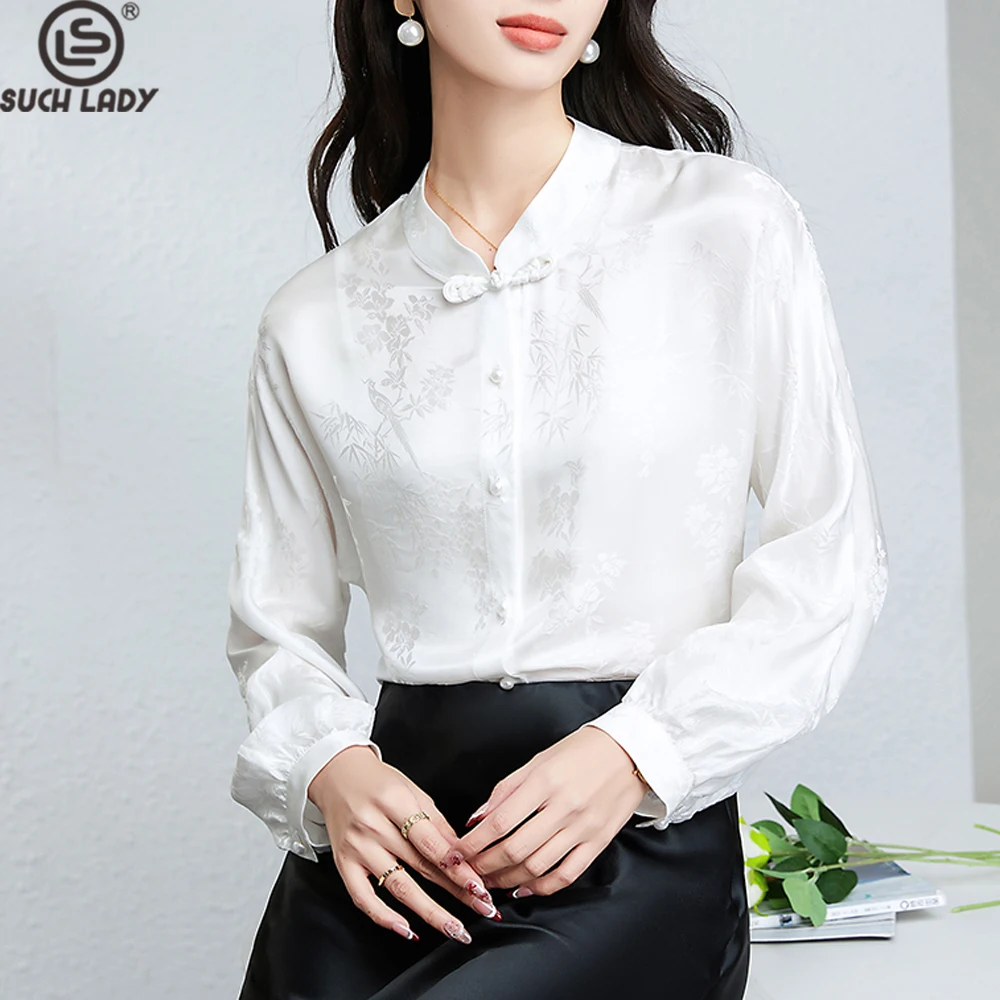 

Женская шелковая атласная рубашка с воротником-стойкой и длинными рукавами Dobby, элегантная блузка в китайском стиле, топы