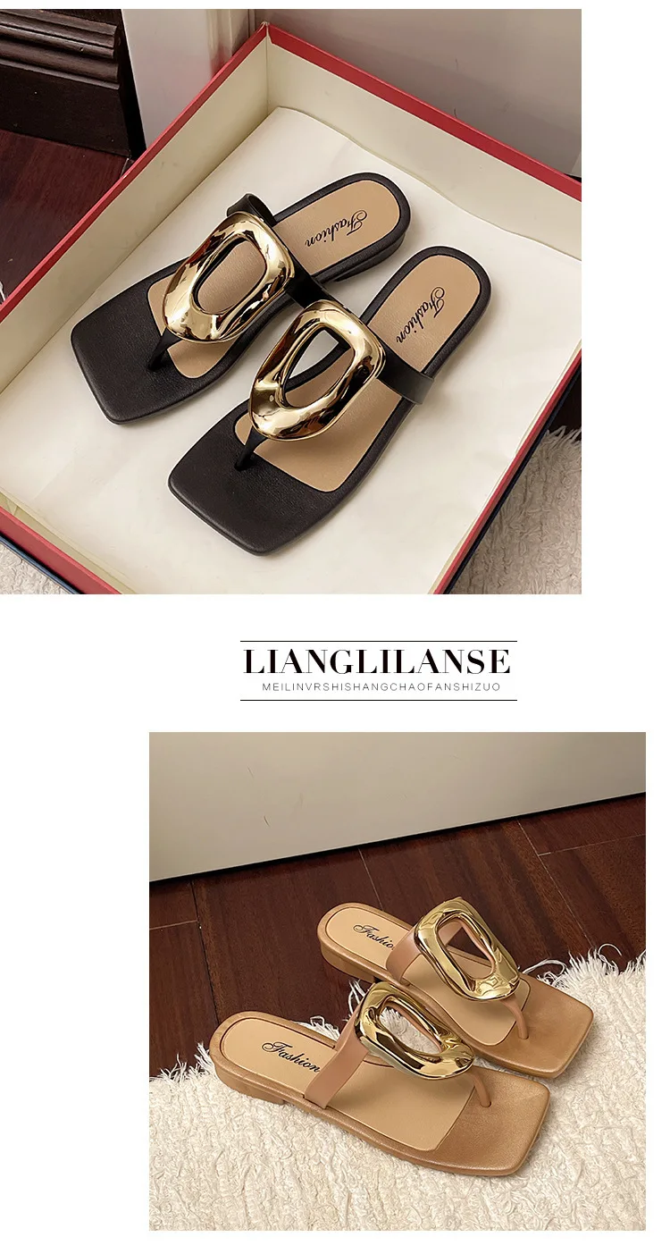 2026 Neue Damen-Flip-Flops mit eckiger offener Zehenpartie, einfarbig, vielseitig, mit Clip-Zehenriemen, flache Sandalen mit Metallschnalle für Damen – Detail 16