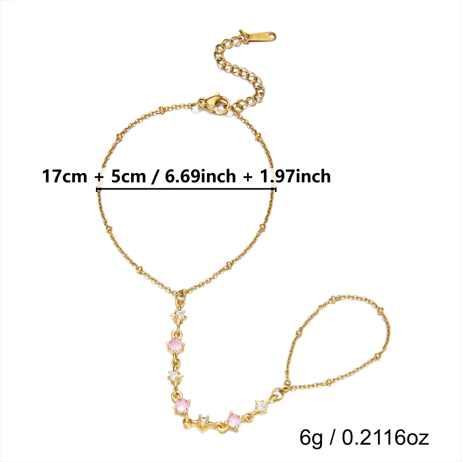 Zierliches Armband mit Zirkonia-Steinen und Edelstahl für Damen, vergoldet, Fingerkette, minimalistischer Schmuck für Hochzeiten und Partys, Geschenk – Detail 3
