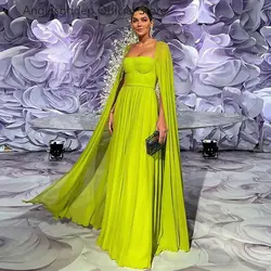 Angelsbridep Long Cape Lemon Yellow Evening Dresses Boat Neck Elegant Chiffon Robe De Soirée Formal Party Prom Gown for Women