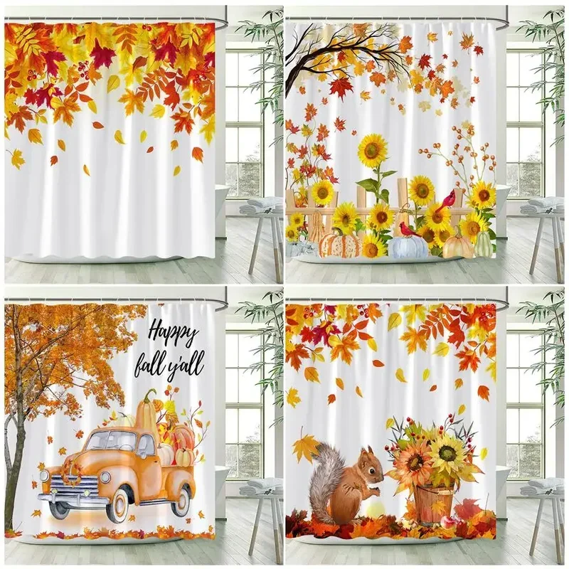 Fall Maple Leaves Shower Curtains Rustic Farm Truck Sunflower Pumpkin Squirrel Autumn Thanksgiving Bathroom Decor Set With Hooks