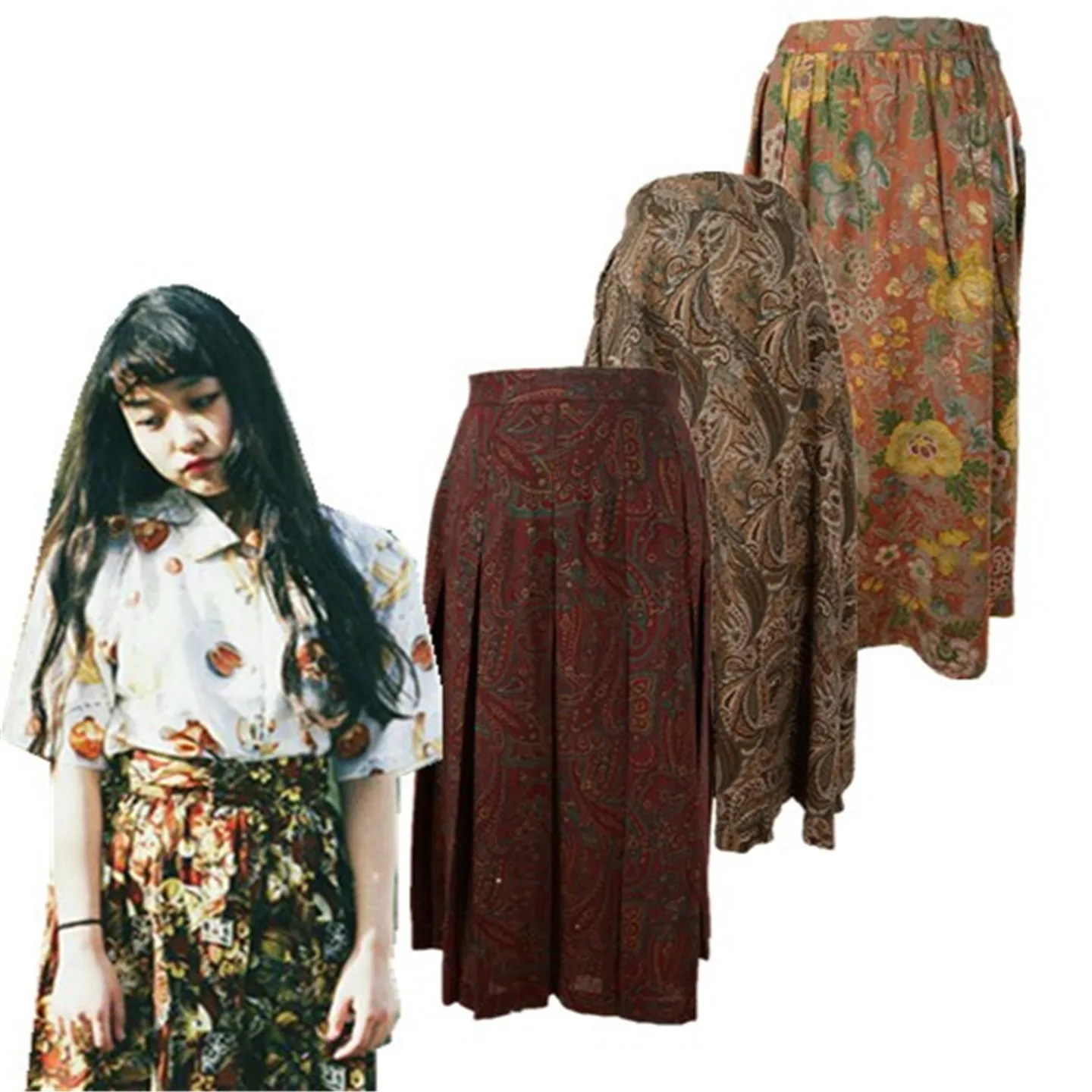 Spódnica w stylu vintage z kwiatowym wzorem, na wiosnę i lato, o kroju litery A, luźna, z poliestru, etniczna, do połowy łydki, dla dziewcząt.