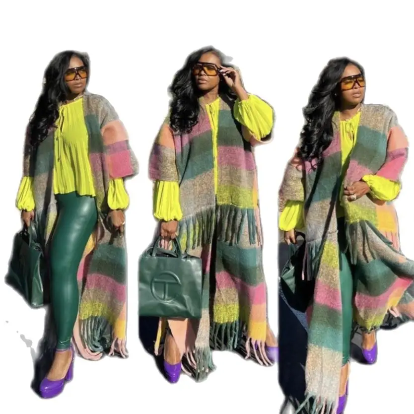 Popular Style African Rich Women Winter Tartan Plaid OPen Front Long Kimonos Amy Green+ Pink  Blogger Fuzzy Long Cardigans