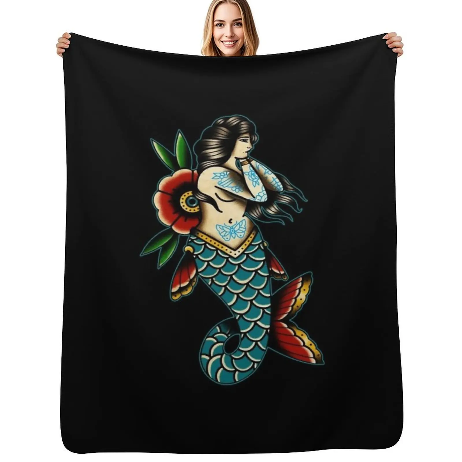 

Sailor Jerry Mermaid Throw Blanket Furry Blankets For Bed For Baby Flannel Fabric Blankets